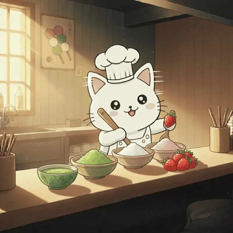 Paso 3: Divide la masa en 3 partes: deja una blanca, colorea otra mezclando el matcha disuelto en agua, y a la tercera añádele el puré de fresa hasta integrar bien.
